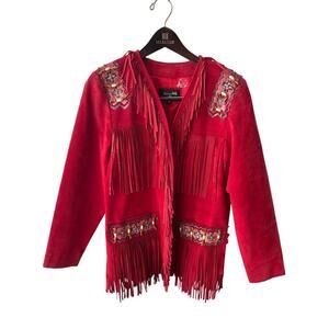 Women's M Patricia Wolf Fringe Jacket VTG Red Suede Beaded Coachella 70s